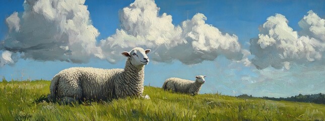 Sheep Grazing in Green Pasture Landscape.