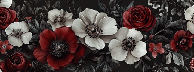 Red and White Flowers on Dark Background.