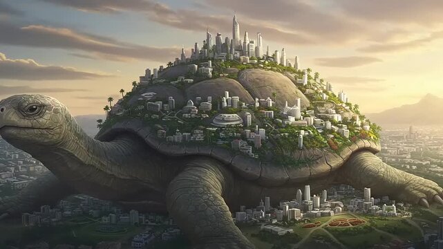 Giant turtle carrying a cityscape on its shell