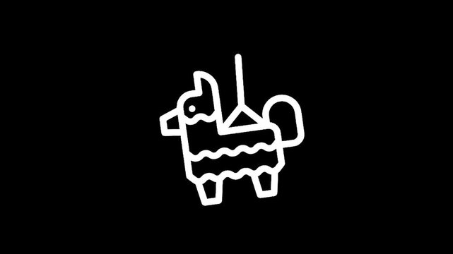 Simple white line art icon of a donkey pinata hanging against a black background