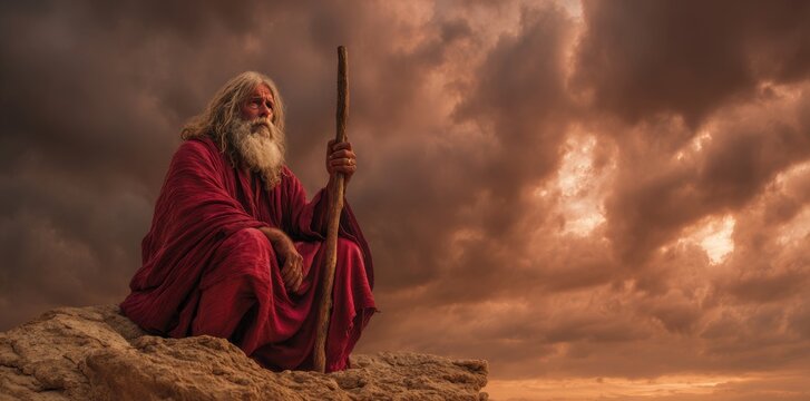 An old man with a white beard and long hair, wearing a red cloak, sitting on a rock and holding a staff.