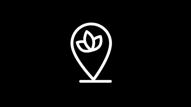 White lotus flower inside a map pin icon on a black background, representing a serene location