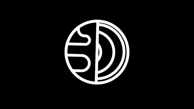 Abstract circular logo design with white lines on a black background