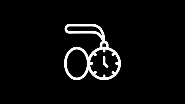 Simple white line drawing of a pocket watch on a black background