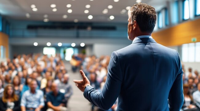 Le Maire d'une commune, vue de dos, v&ecirc;tu d'un costume, pronon&ccedil;ant un discours, devant du public &agrave; l'occasion d'une r&eacute;union publique d'informations.