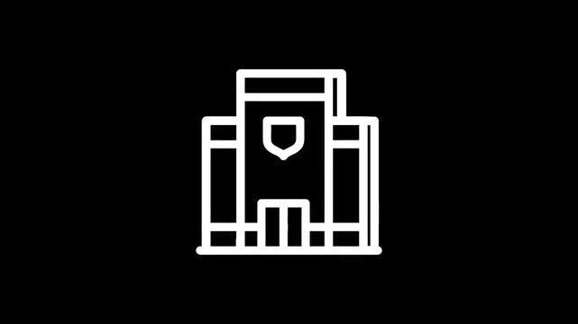 Simple white outline icon of a building with a shield emblem and double doors