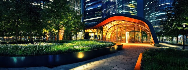 Modern Cityscape with Illuminated Building Entrance.