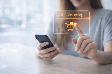 Woman holding smartphone and pointing finger at online shopping icon on screen  ecommerce concept JPG image