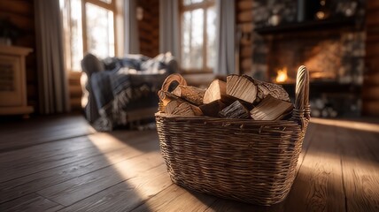 Obraz premium Firewood stored in a wicker basket on the living room floor for home heating, fireplace in the house, fireplace in the living room with a basket of firewood 