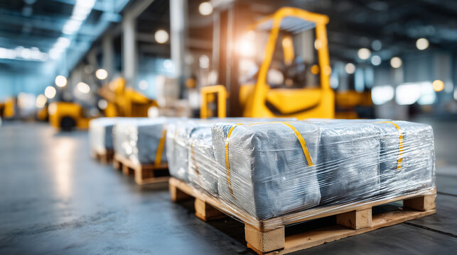 Pallet wrapping with stretch film, finished goods preparation display, logistics center with industrial equipment shown, mass production shipping with transparent textures visible,