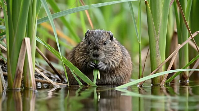 Video Close Up of Water Vole Among Reeds.