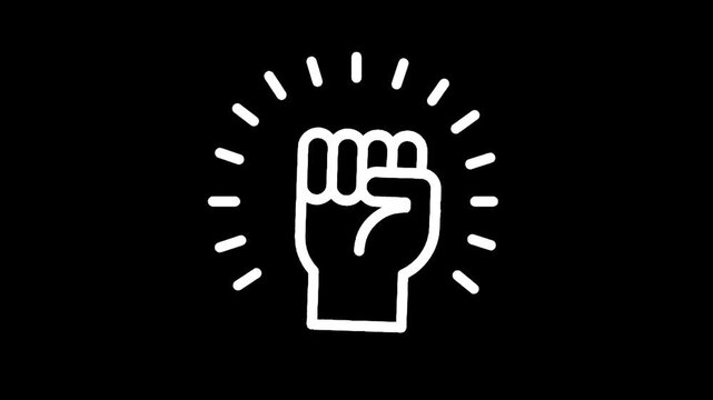 White fist raised in protest with radiating lines on a black background
