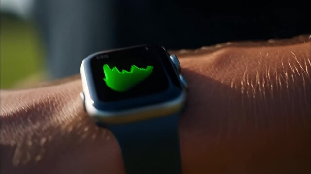 Close-up of a smartwatch on a wrist displaying a green heart rate graph in sunlight.