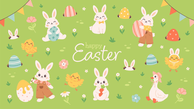 Happy Easter poster with bunnies, chicks, hidden painted eggs. Easter egg hunt, event celebration in spring park. Vector illustration in flat style