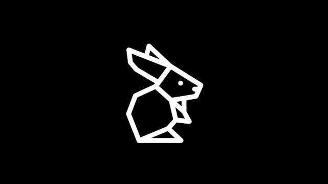 Minimalist white origami rabbit outline on a black background, abstract geometric design