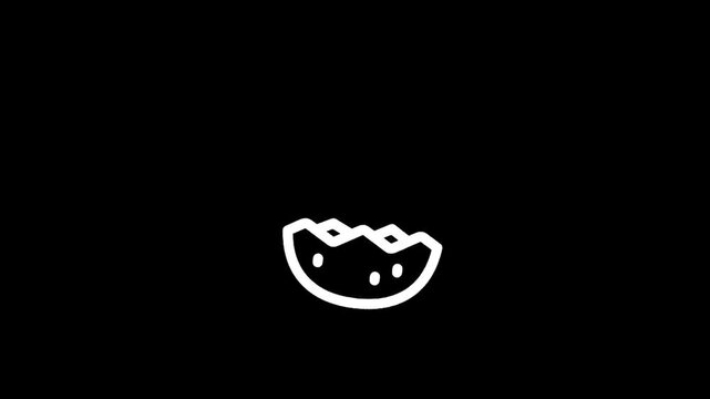Simple white outline of a slice of watermelon with seeds on a black background