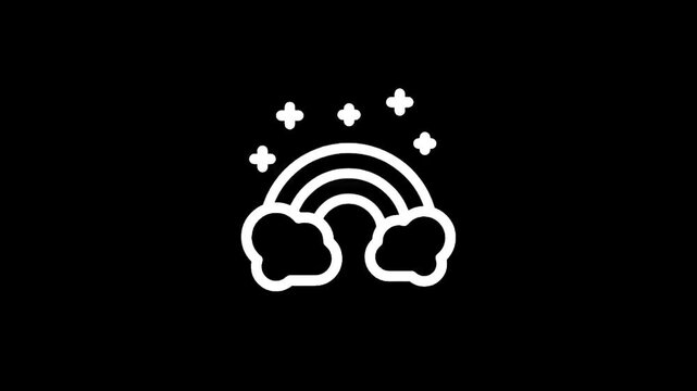 Simple white rainbow icon with clouds and stars on a black background