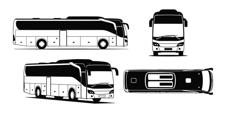 Set of vector bus silhouettes in different views isolated on transparent background