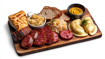 Obraz premium Traditional Eastern European Cold Cut Platter with Sausages Pickles Mustard Bread and Sauerkraut on Wooden Serving Board