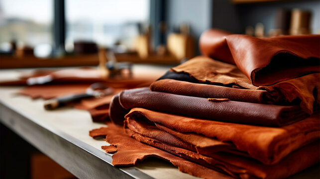 Natural leather hide on a cutting table, raw material textures and rich colors display, traditional leather craft preparation shown, authentic workshop scene with soft window light