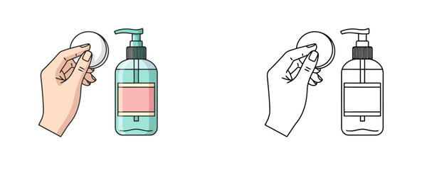Hand holding cotton pad with cleanser bottle in flat cartoon style and line art version on white background used for skin care routine and removing makeup from face © Dzianis