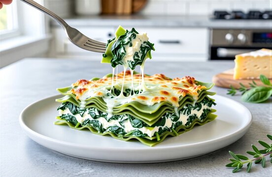 Hand holding fork over plate of spinach lasagna layered with spinach, ricotta, creamy sauce, topped with melted cheese. Concept of vegetarian lasagna, ricotta spinach in bright kitchen.