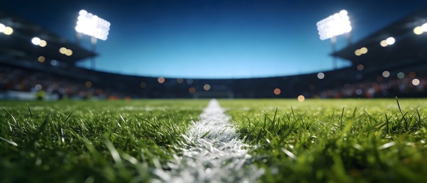 Soccer Stadium Field Close Up With White Line And Bright Floodlights. Design Concept for Football World Cup 2026.