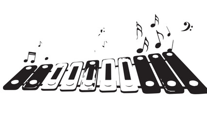 Wide-angle view of a melodica keyboard with scattered musical notes above the keys.