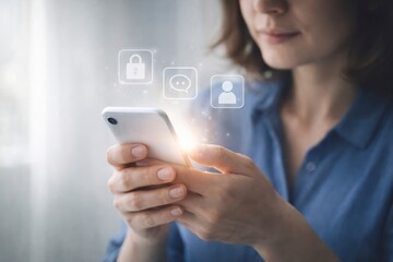 Woman holding smartphone with security icons popping up  online safety and privacy concept JPG image