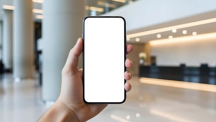 Hand holding smartphone with blank screen in modern lobby or reception area of building