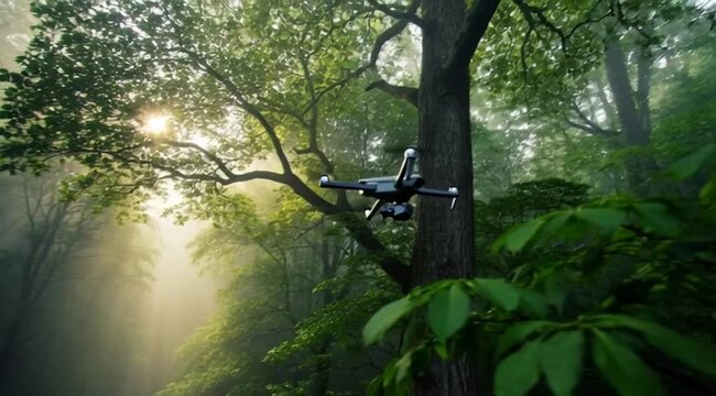 Drone flying through a sun-dappled forest, capturing aerial footage of lush green trees and vibrant foliage, showcasing nature's beauty and advanced technology in harmony
