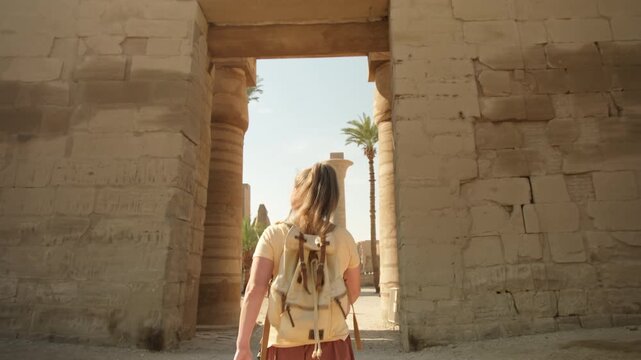 Female tourist visitor exploring ancient Karnak Temple Complex in Luxor, Egypt