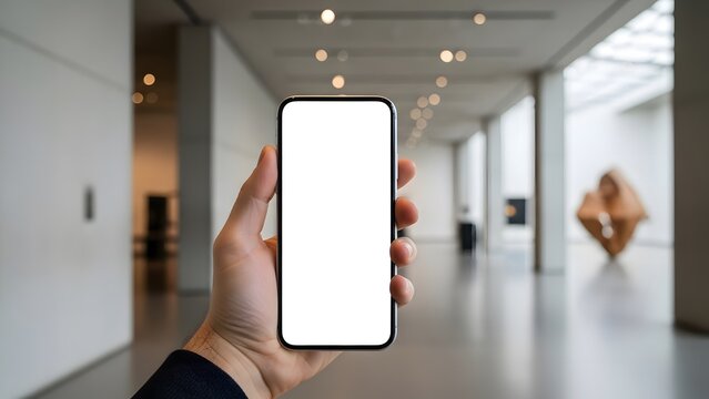 Person holding smartphone with blank white screen in modern art gallery exhibition hall
