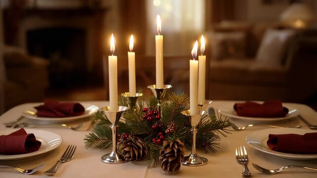 Elegant christmas table setting with burning candles and pinecone decorations for festive family dinner and holiday celebration