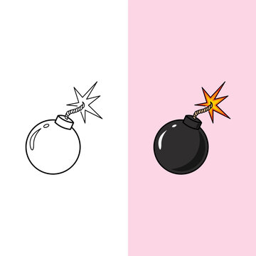 Cartoon Bomb Icon Set. Outline and Color Vector Illustration