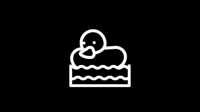 Simple white line art icon of a rubber duck floating in water on a black background