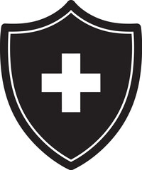 Obraz premium Medical protection shield icon with cross symbol, healthcare safety logo, protection sign, medical shield, health security concept, safety emblem