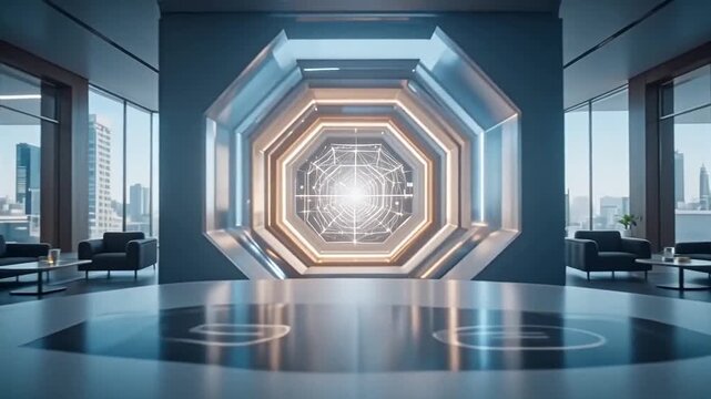 Modern Corporate Lobby, Futuristic Abstract Portal, Innovation, Forward Thinking Abstract Digital Network, Glowing Geometric Network, Technology