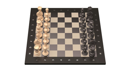 Chess pieces on the board in the starting position. Isolated. Transparent background. 3D Rendering.
