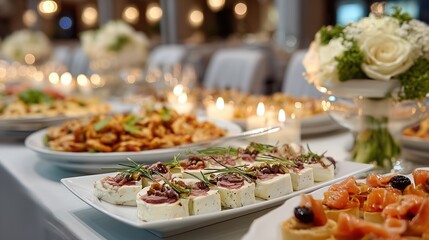 Fototapeta premium Buffet élégant avec canapés au saumon et fromage sur table festive