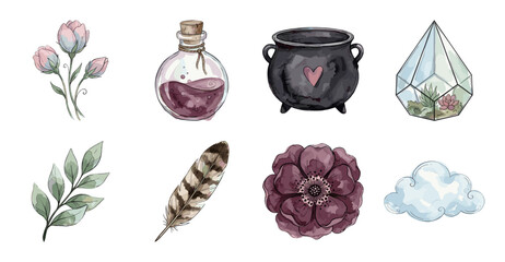 Boho Witchcraft Aesthetic Sticker Set, Watercolor Vector Illustration