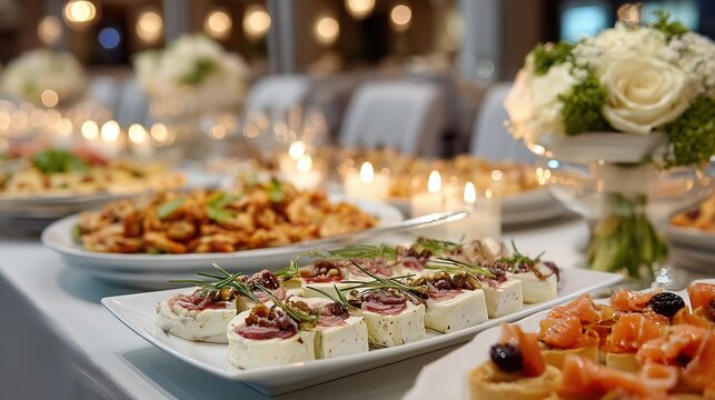 Buffet &eacute;l&eacute;gant avec canap&eacute;s au saumon et fromage sur table festive