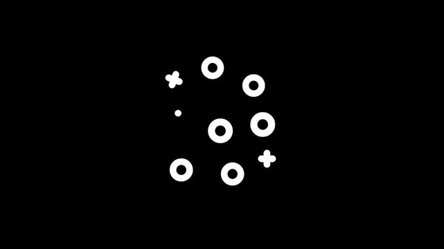 Abstract white geometric shapes and dots scattered on a black background