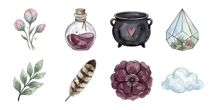 Boho Witchcraft Aesthetic Sticker Set, Watercolor Vector Illustration