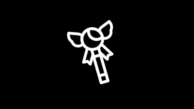 Magical wand with bow and ribbon, simple line art icon on black background