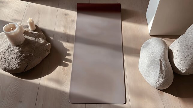 tapis de yoga, pierre et c&eacute;ramique dispos&eacute;s sur sol en bois