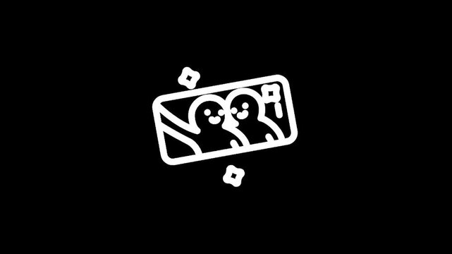 Simple line art icon of two people taking a selfie together on a smartphone