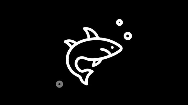 Simple white outline of a dolphin jumping on a black background