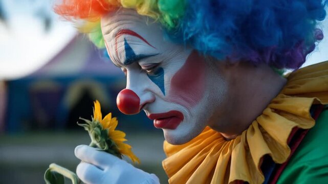 Sad Clown with Sunflower in Front of Circus Tent.