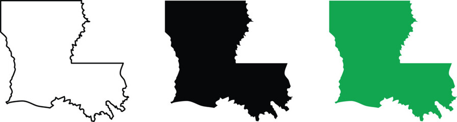 Obraz premium Three Louisiana State Maps Outline Solid Black and Green on White Background